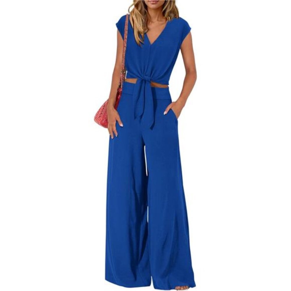 🌴 Women’s 2-Piece Pant Set | V-Neck Wrap Crop Top
